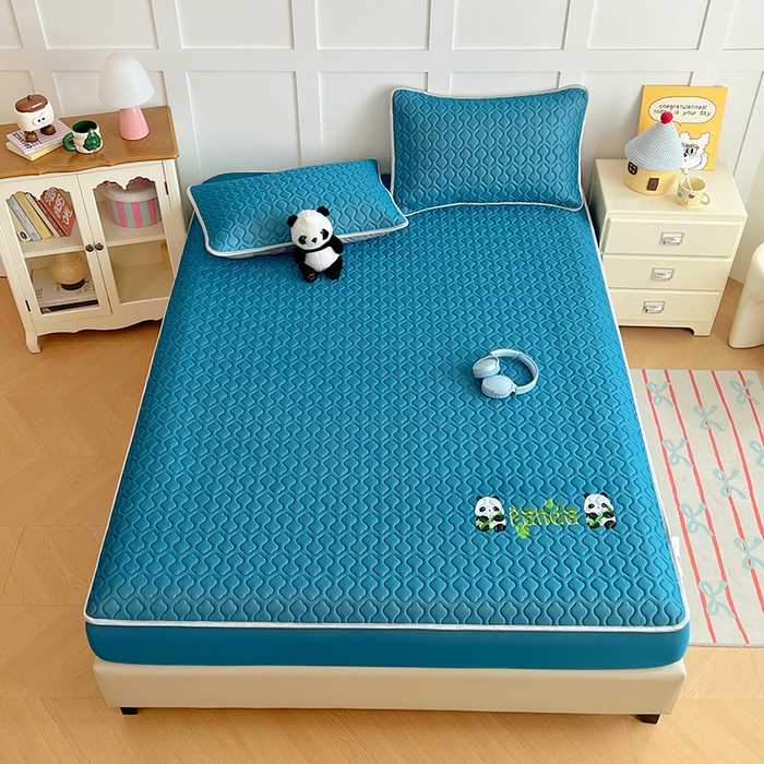 91家纺网 家纺一手货源 找家纺 缦纱 2025新款凉感丝凉席床笠夏季加厚冰丝凉席床笠 深海蓝