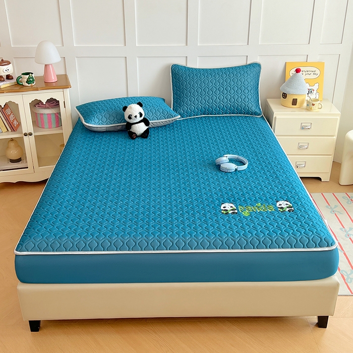 91家纺网 家纺一手货源 找家纺 缦纱 2025新款凉感丝凉席床笠夏季加厚冰丝凉席床笠 深海蓝