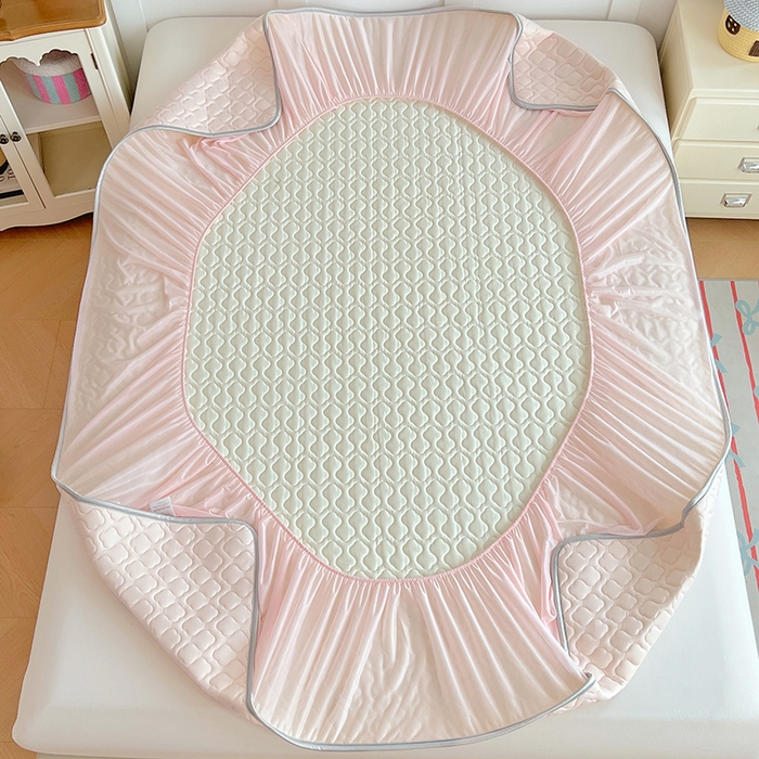 91家纺网 家纺一手货源 找家纺 缦纱 2025新款凉感丝凉席床笠夏季加厚冰丝凉席床笠 樱花粉