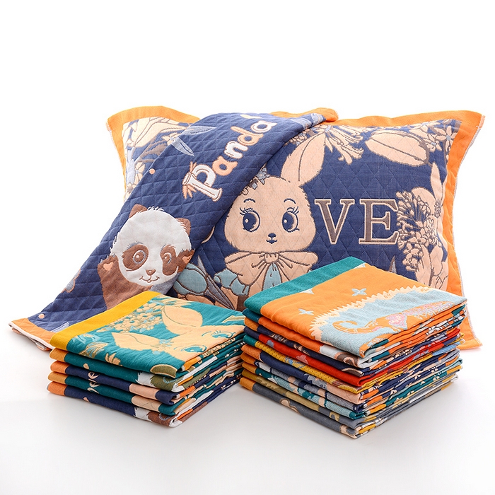 91家纺网 家纺一手货源 找家纺 彩虹毛巾2025新款直播跑量卡通枕巾三层纱布枕巾纯棉盖巾枕头巾隔脏枕套提花色织枕巾一对装 卡通风06