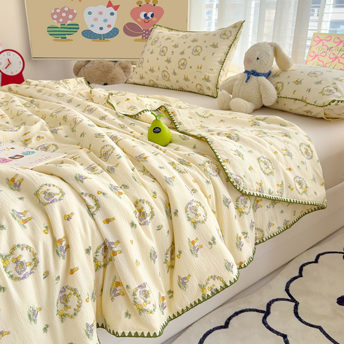 91家纺网 家纺一手货源 找家纺 星巴k家纺 2025新款贝壳绣三角针花边工艺款贝壳边夏被夏凉被空调被四件套【可提供买家秀】 兔子欢喜