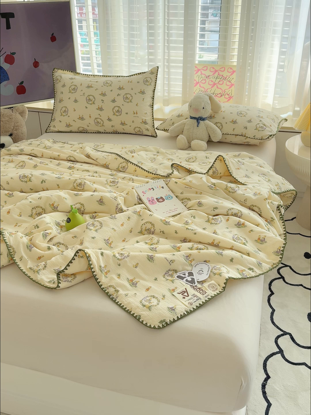 91家纺网 家纺一手货源 找家纺 星巴k家纺 2025新款贝壳绣三角针花边工艺款贝壳边夏被夏凉被空调被四件套【可提供买家秀】 兔子欢喜