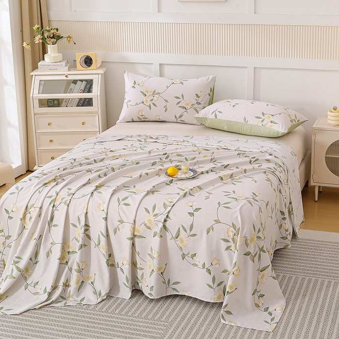 91家纺网 家纺一手货源 找家纺 宇彬家纺 2025直播新款13070全棉纯棉印花双人单床单枕套三件套喷气小清新简约学生被单 白藤