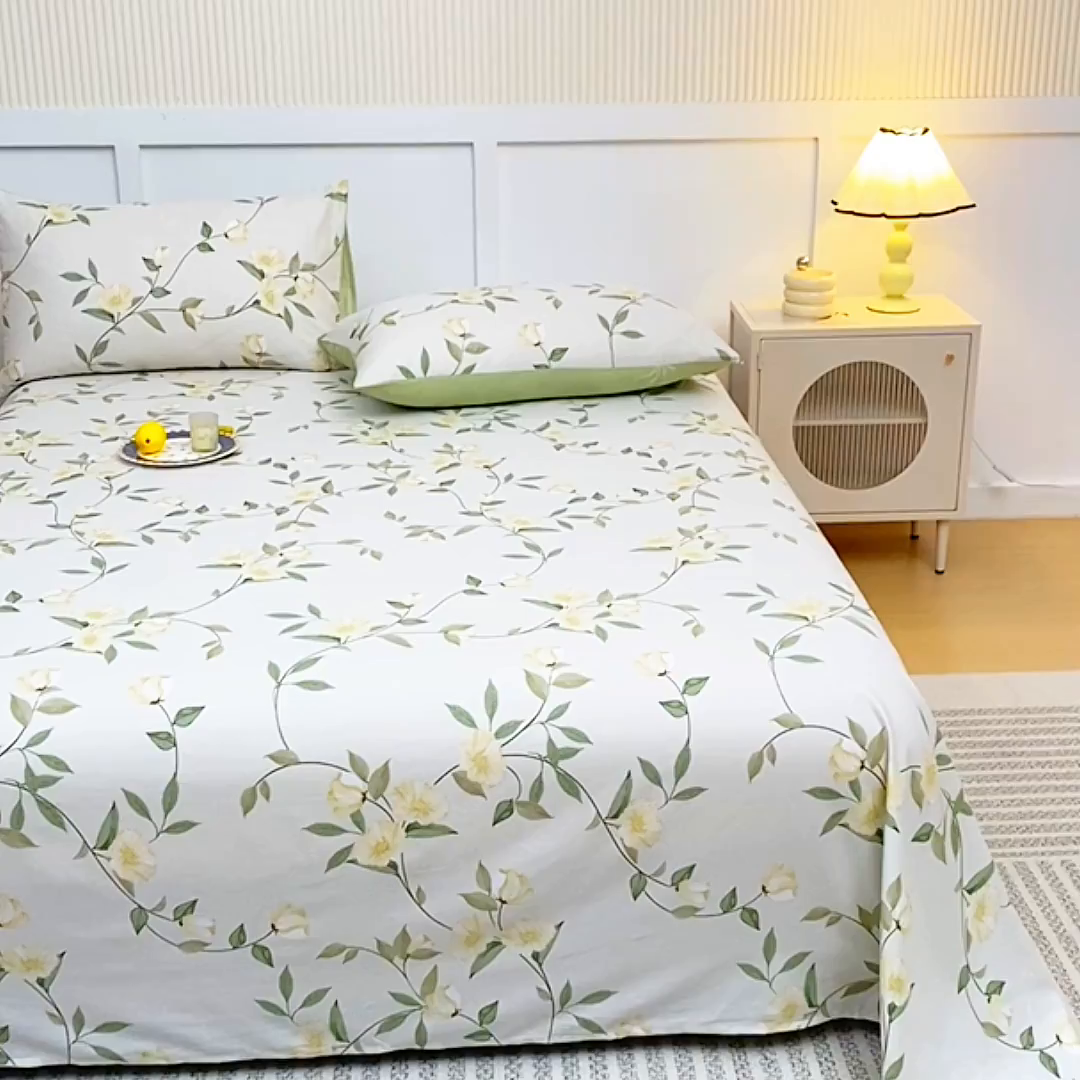 91家纺网 家纺一手货源 找家纺 宇彬家纺 2025直播新款13070全棉纯棉印花双人单床单枕套三件套喷气小清新简约学生被单 白藤