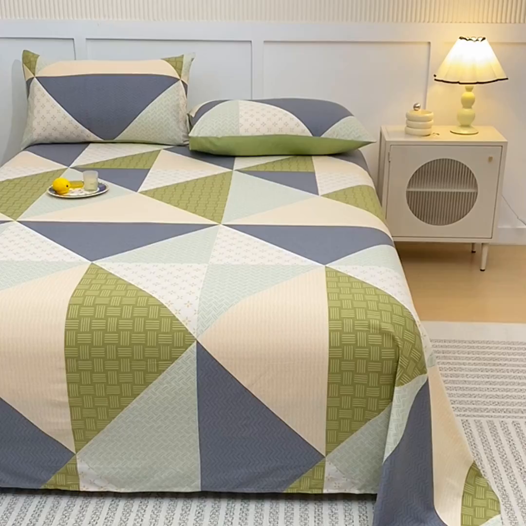 91家纺网 家纺一手货源 找家纺 宇彬家纺 2025直播新款13070全棉纯棉印花双人单床单枕套三件套喷气小清新简约学生被单 伯爵