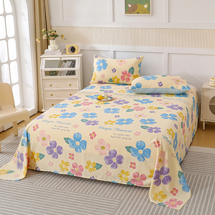 91家纺网 家纺一手货源 找家纺 宇彬家纺 2025直播新款13070全棉纯棉印花双人单床单枕套三件套喷气小清新简约学生被单 花屿芷