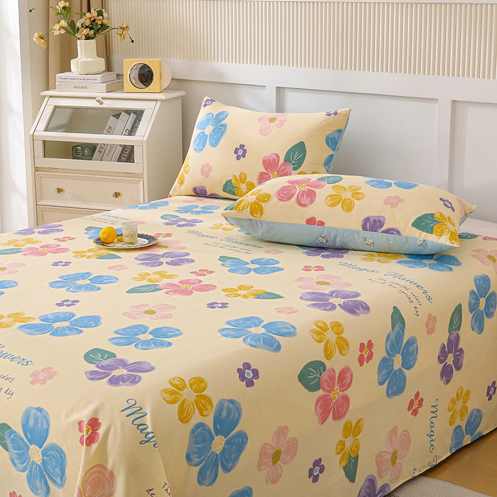 91家纺网 家纺一手货源 找家纺 宇彬家纺 2025直播新款13070全棉纯棉印花双人单床单枕套三件套喷气小清新简约学生被单 花屿芷