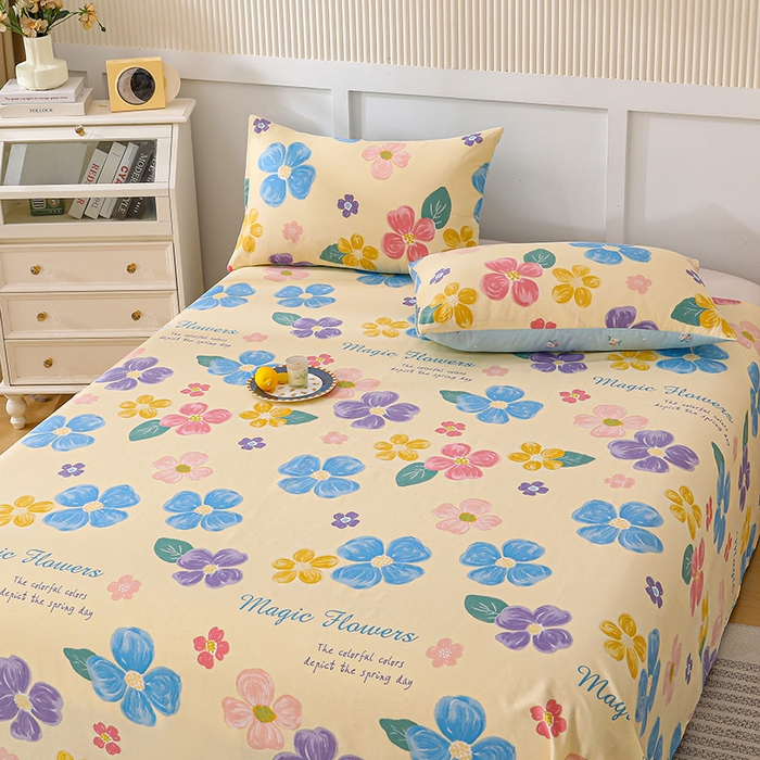 91家纺网 家纺一手货源 找家纺 宇彬家纺 2025直播新款13070全棉纯棉印花双人单床单枕套三件套喷气小清新简约学生被单 花屿芷