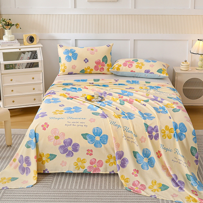 91家纺网 家纺一手货源 找家纺 宇彬家纺 2025直播新款13070全棉纯棉印花双人单床单枕套三件套喷气小清新简约学生被单 花屿芷