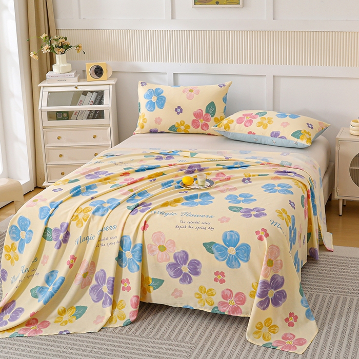 91家纺网 家纺一手货源 找家纺 宇彬家纺 2025直播新款13070全棉纯棉印花双人单床单枕套三件套喷气小清新简约学生被单 花屿芷