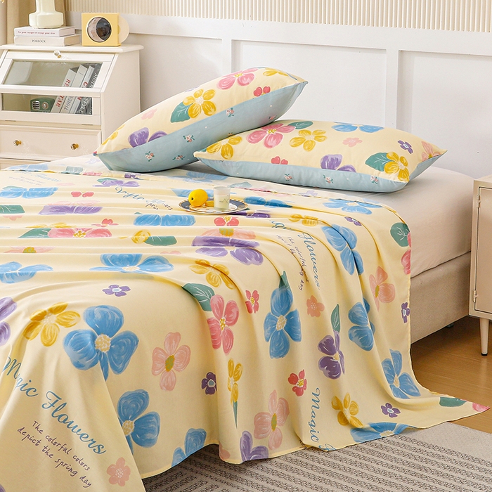 91家纺网 家纺一手货源 找家纺 宇彬家纺 2025直播新款13070全棉纯棉印花双人单床单枕套三件套喷气小清新简约学生被单 花屿芷