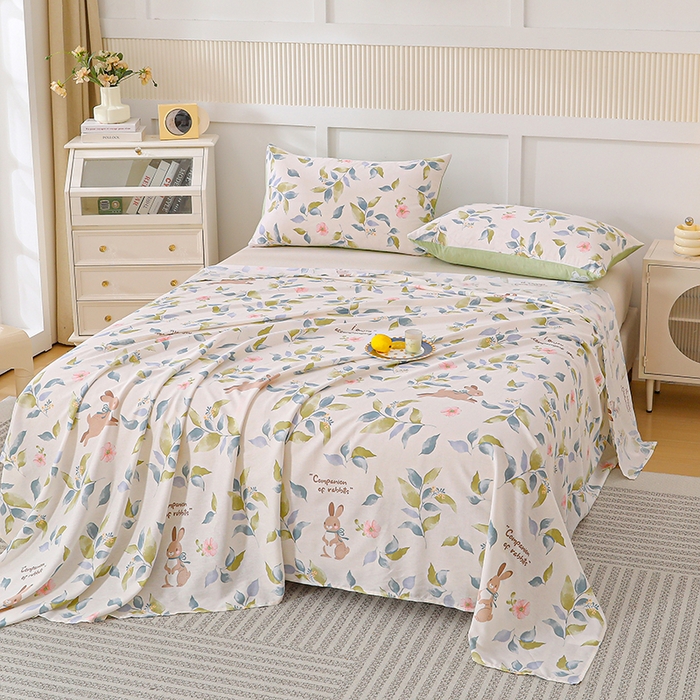 91家纺网 家纺一手货源 找家纺 宇彬家纺 2025直播新款13070全棉纯棉印花双人单床单枕套三件套喷气小清新简约学生被单 秘境（新）