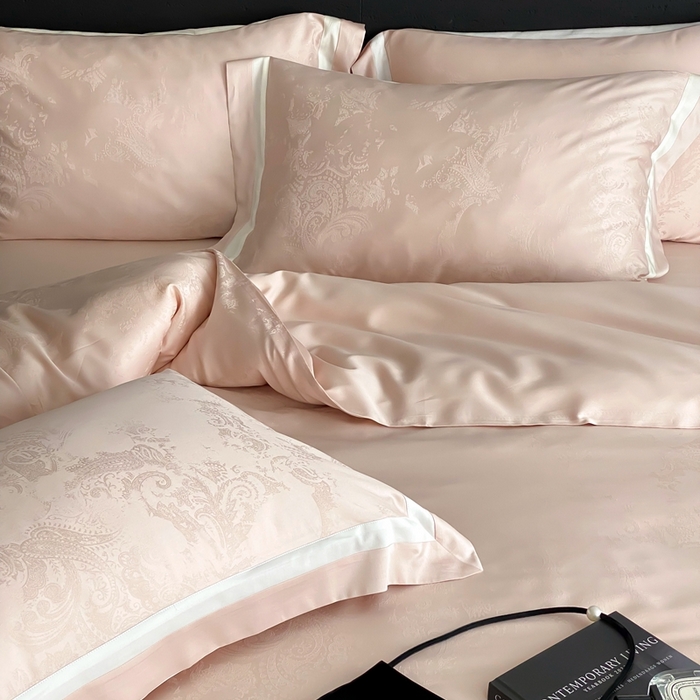 91家纺网 家纺一手货源 找家纺 馨蕊2025新款天丝棉青黛四件套 青黛-蔷薇粉