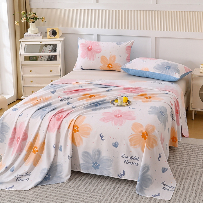 91家纺网 家纺一手货源 找家纺 宇彬家纺 2025直播新款13070全棉纯棉印花双人单床单枕套三件套喷气小清新简约学生被单 慕夏