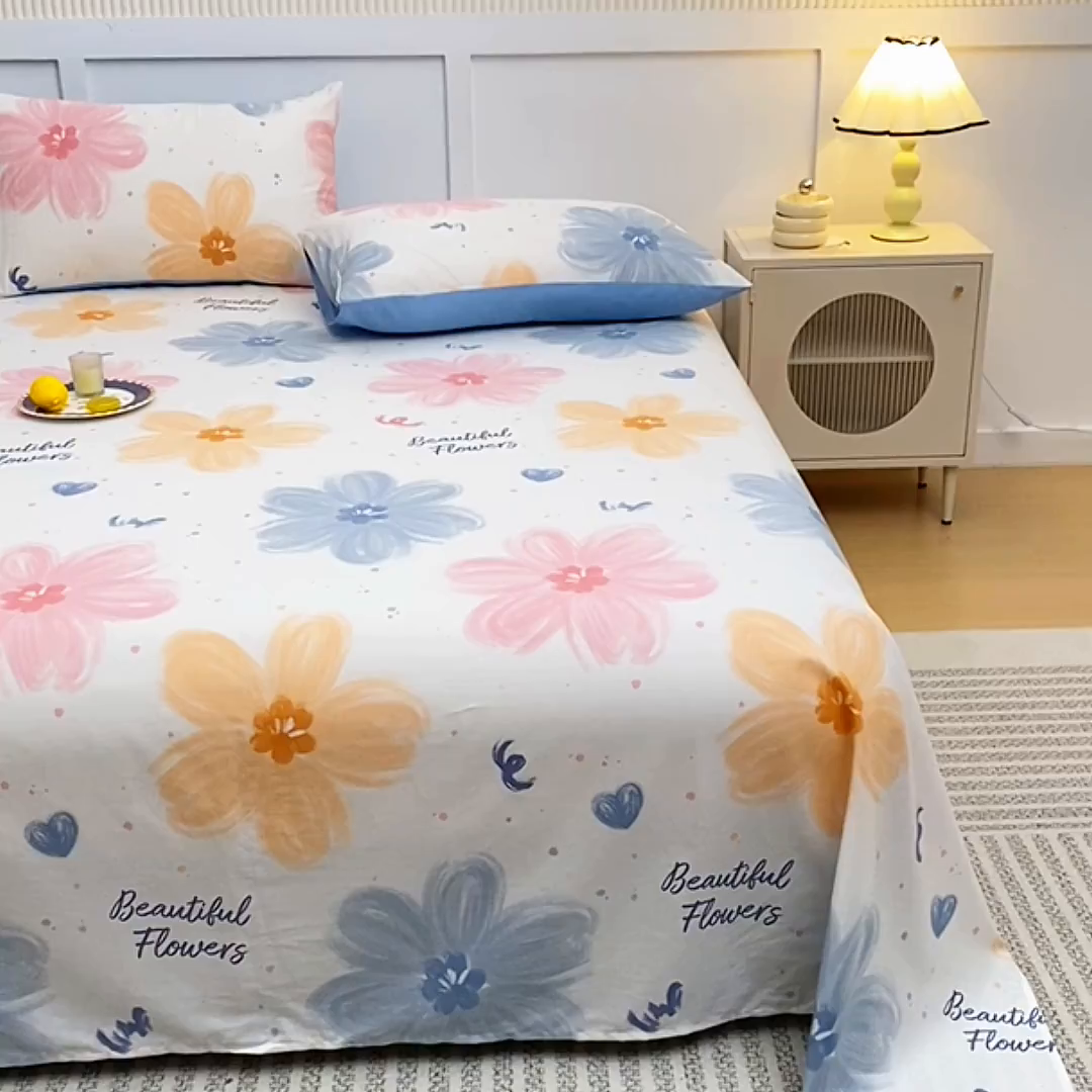 91家纺网 家纺一手货源 找家纺 宇彬家纺 2025直播新款13070全棉纯棉印花双人单床单枕套三件套喷气小清新简约学生被单 慕夏