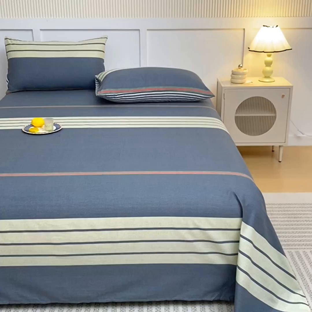 91家纺网 家纺一手货源 找家纺 宇彬家纺 2025直播新款13070全棉纯棉印花双人单床单枕套三件套喷气小清新简约学生被单 绅士