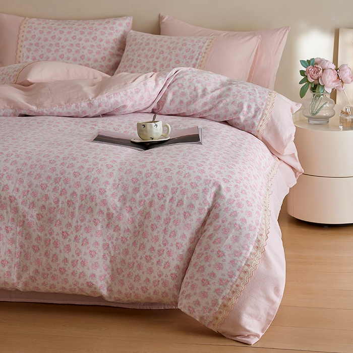 91家纺网 家纺一手货源 找家纺 安莱生活 2025新款全棉纯棉双层纱复古花边款四件套 初晴