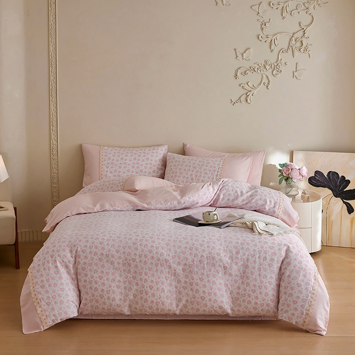 91家纺网 家纺一手货源 找家纺 安莱生活 2025新款全棉纯棉双层纱复古花边款四件套 初晴