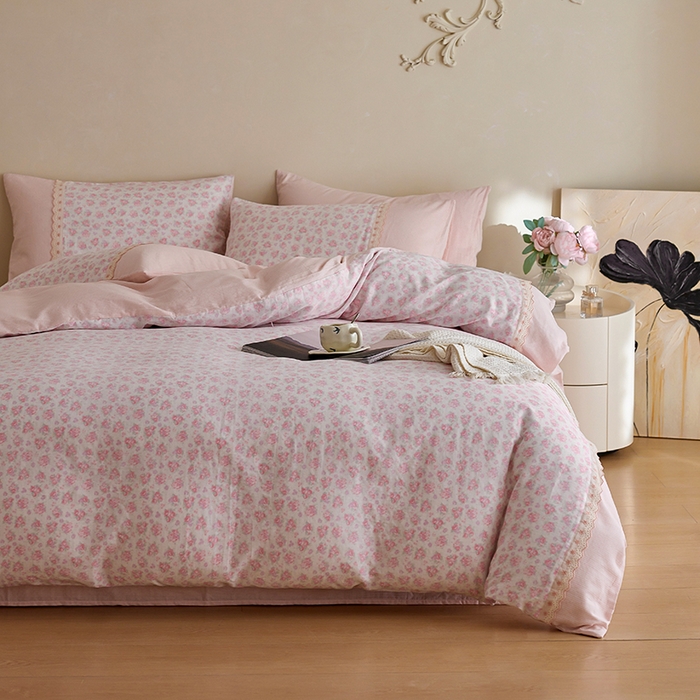 91家纺网 家纺一手货源 找家纺 安莱生活 2025新款全棉纯棉双层纱复古花边款四件套 初晴