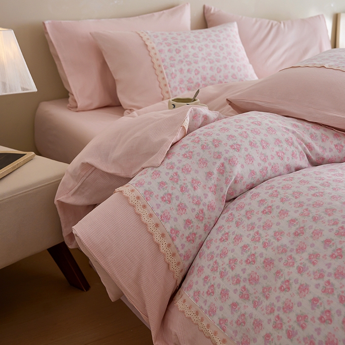 91家纺网 家纺一手货源 找家纺 安莱生活 2025新款全棉纯棉双层纱复古花边款四件套 初晴