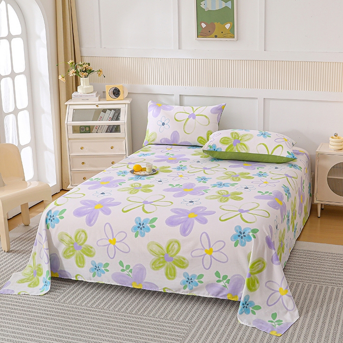 91家纺网 家纺一手货源 找家纺 宇彬家纺 2025直播新款13070全棉纯棉印花双人单床单枕套三件套喷气小清新简约学生被单 浔彩