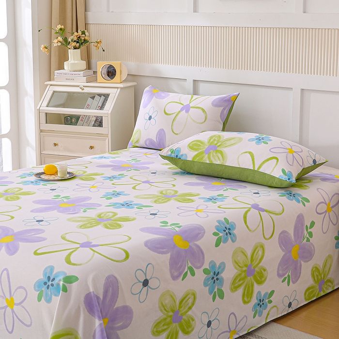 91家纺网 家纺一手货源 找家纺 宇彬家纺 2025直播新款13070全棉纯棉印花双人单床单枕套三件套喷气小清新简约学生被单 浔彩