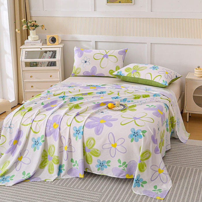 91家纺网 家纺一手货源 找家纺 宇彬家纺 2025直播新款13070全棉纯棉印花双人单床单枕套三件套喷气小清新简约学生被单 浔彩