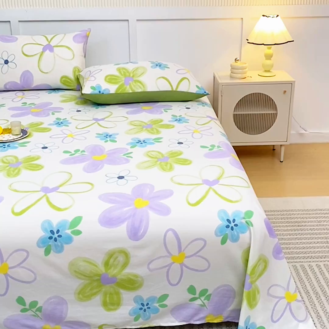 91家纺网 家纺一手货源 找家纺 宇彬家纺 2025直播新款13070全棉纯棉印花双人单床单枕套三件套喷气小清新简约学生被单 浔彩