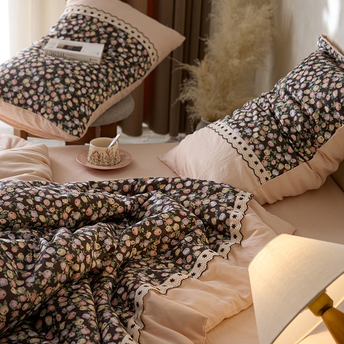 91家纺网 家纺一手货源 找家纺 安莱生活 2025新款全棉纯棉双层纱复古花边款夏被夏凉被空调被四件套 慕锦