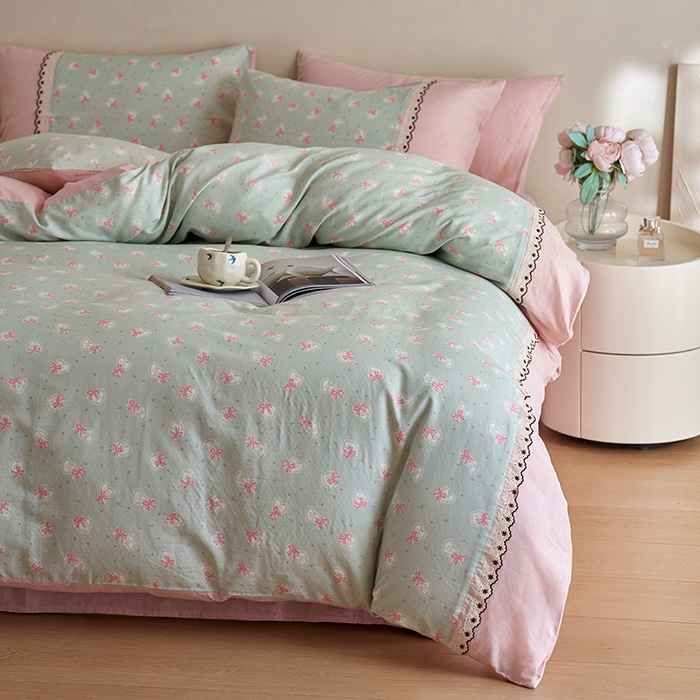 91家纺网 家纺一手货源 找家纺 安莱生活 2025新款全棉纯棉双层纱复古花边款四件套 蝶之恋