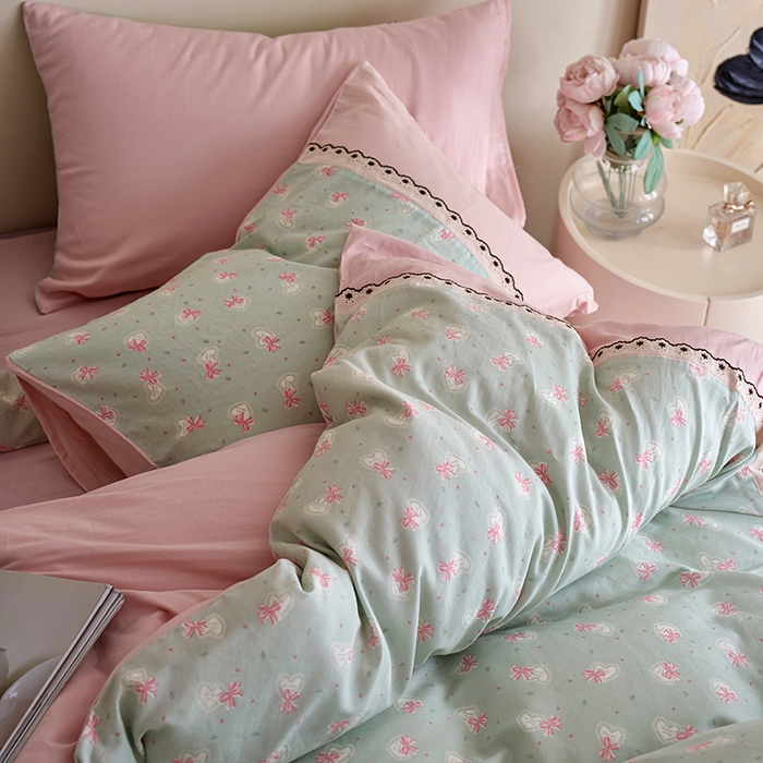 91家纺网 家纺一手货源 找家纺 安莱生活 2025新款全棉纯棉双层纱复古花边款四件套 蝶之恋