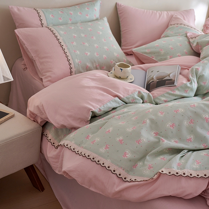 91家纺网 家纺一手货源 找家纺 安莱生活 2025新款全棉纯棉双层纱复古花边款四件套 蝶之恋