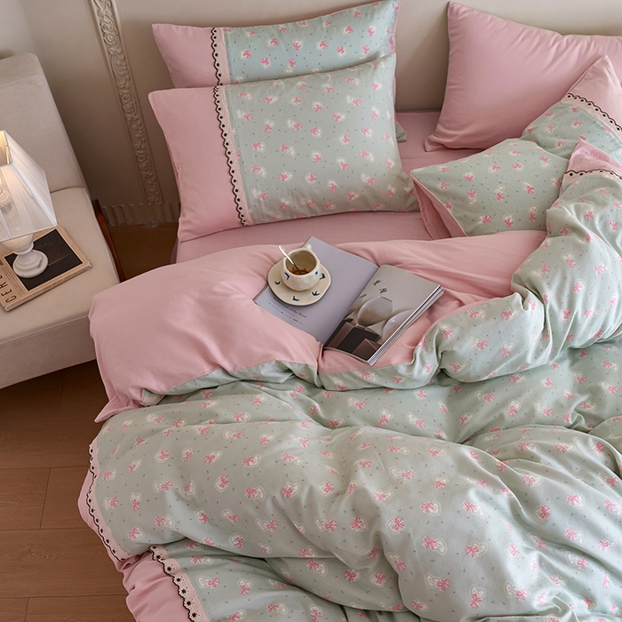 91家纺网 家纺一手货源 找家纺 安莱生活 2025新款全棉纯棉双层纱复古花边款四件套 蝶之恋