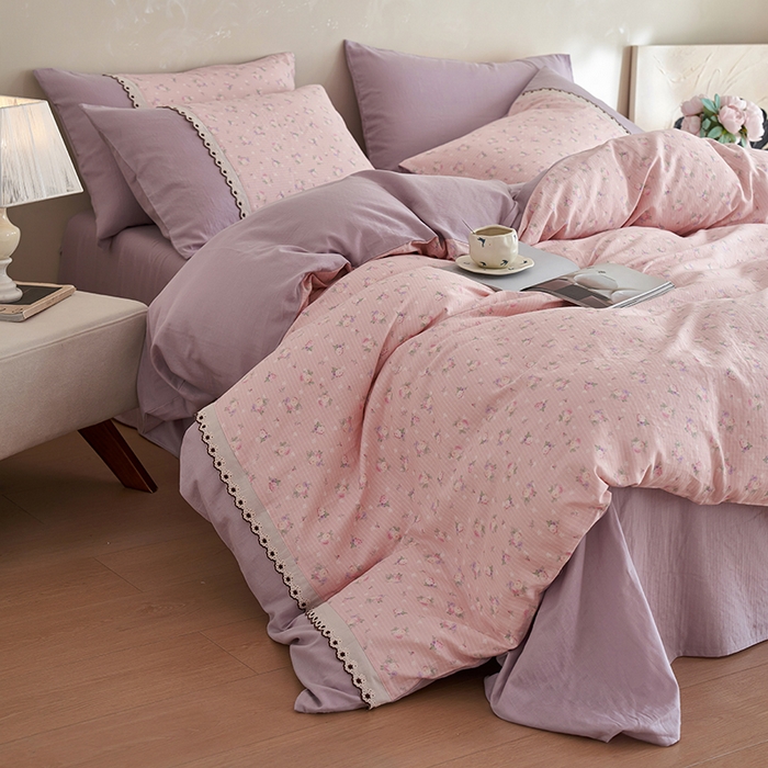 91家纺网 家纺一手货源 找家纺 安莱生活 2025新款全棉纯棉双层纱复古花边款四件套 罗蔓