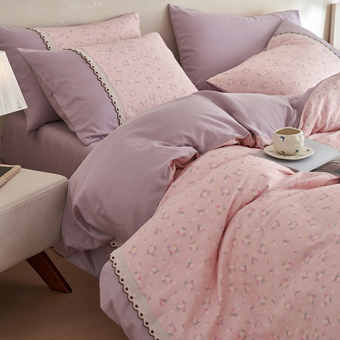 91家纺网 家纺一手货源 找家纺 安莱生活 2025新款全棉纯棉双层纱复古花边款四件套 罗蔓