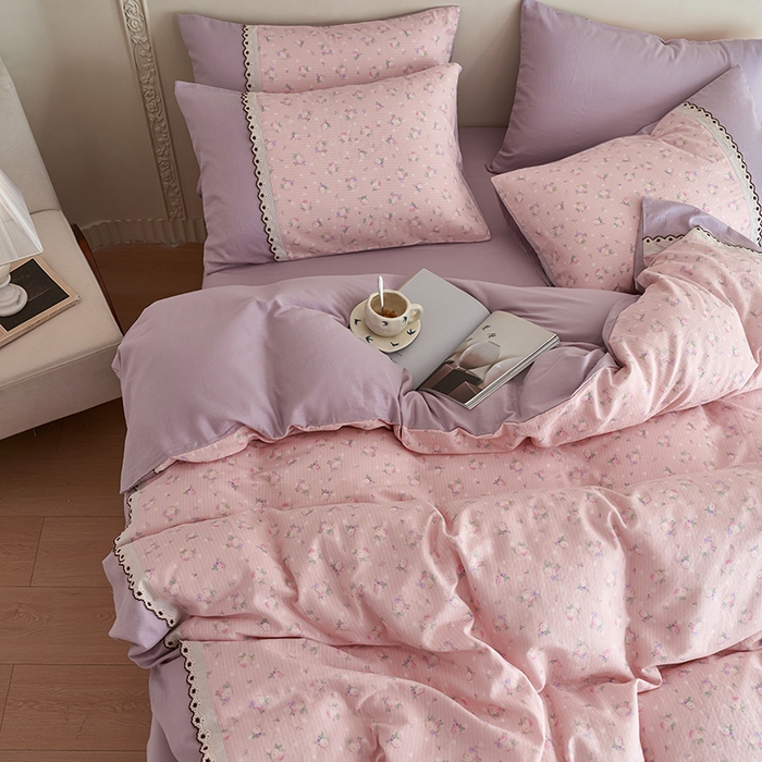 91家纺网 家纺一手货源 找家纺 安莱生活 2025新款全棉纯棉双层纱复古花边款四件套 罗蔓