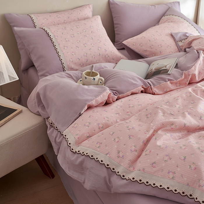 91家纺网 家纺一手货源 找家纺 安莱生活 2025新款全棉纯棉双层纱复古花边款四件套 罗蔓