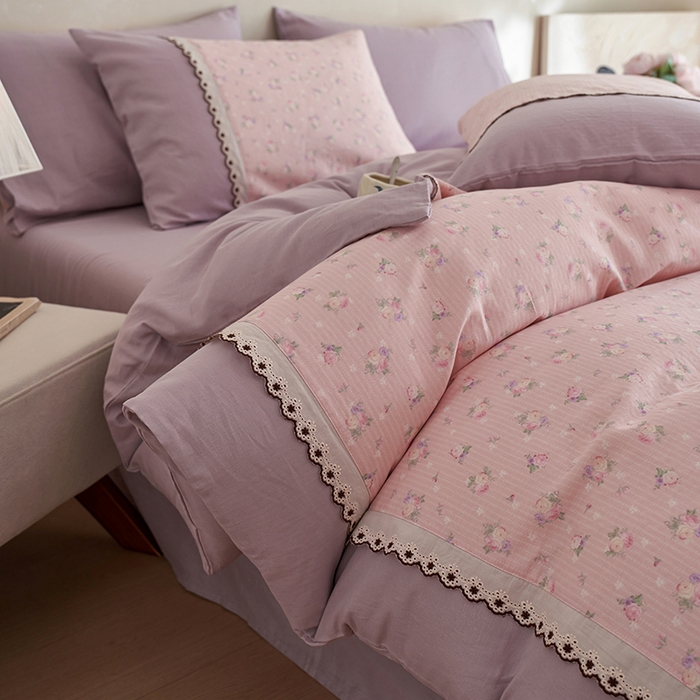 91家纺网 家纺一手货源 找家纺 安莱生活 2025新款全棉纯棉双层纱复古花边款四件套 罗蔓