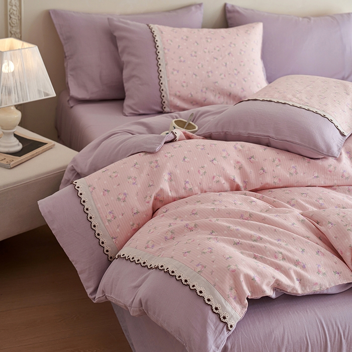 91家纺网 家纺一手货源 找家纺 安莱生活 2025新款全棉纯棉双层纱复古花边款四件套 罗蔓