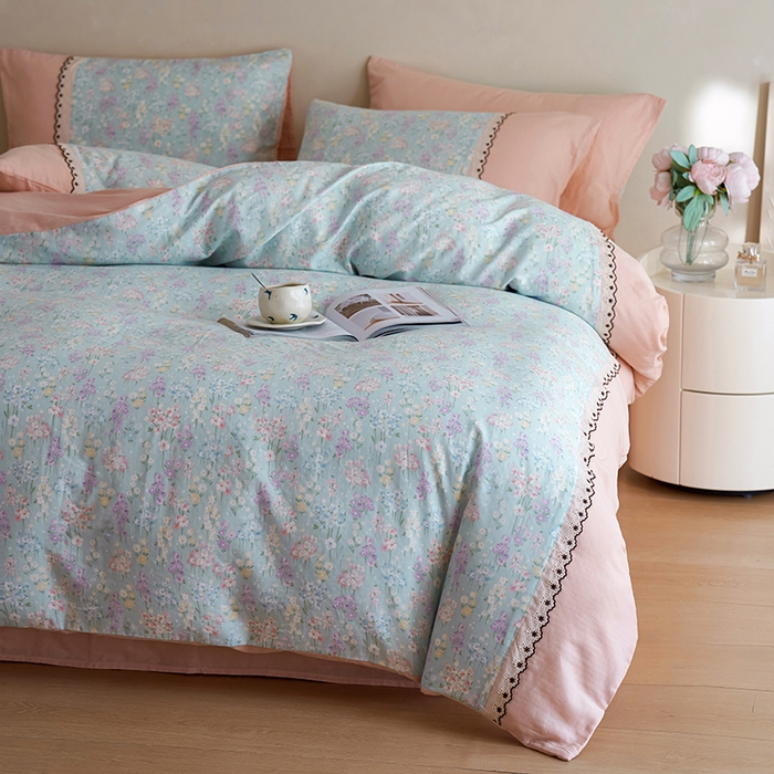 91家纺网 家纺一手货源 找家纺 安莱生活 2025新款全棉纯棉双层纱复古花边款四件套 落葵