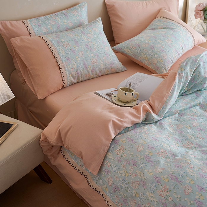 91家纺网 家纺一手货源 找家纺 安莱生活 2025新款全棉纯棉双层纱复古花边款四件套 落葵