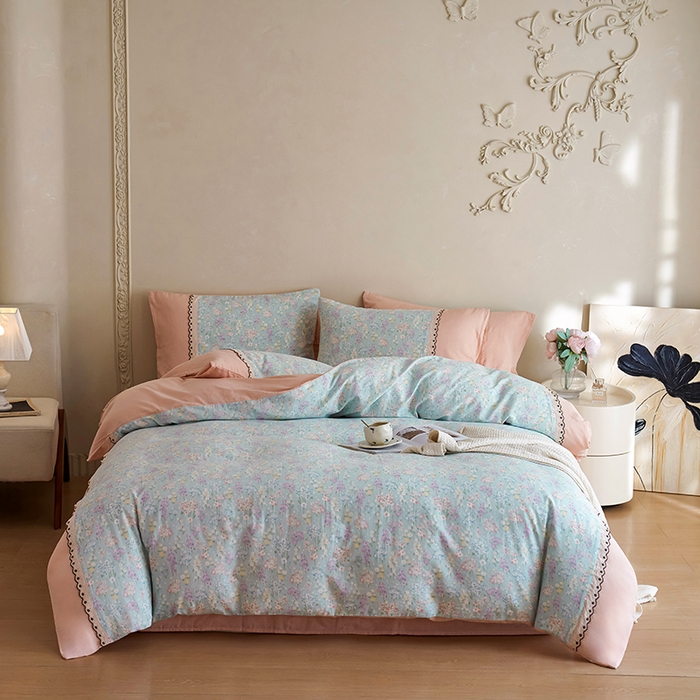 91家纺网 家纺一手货源 找家纺 安莱生活 2025新款全棉纯棉双层纱复古花边款四件套 落葵