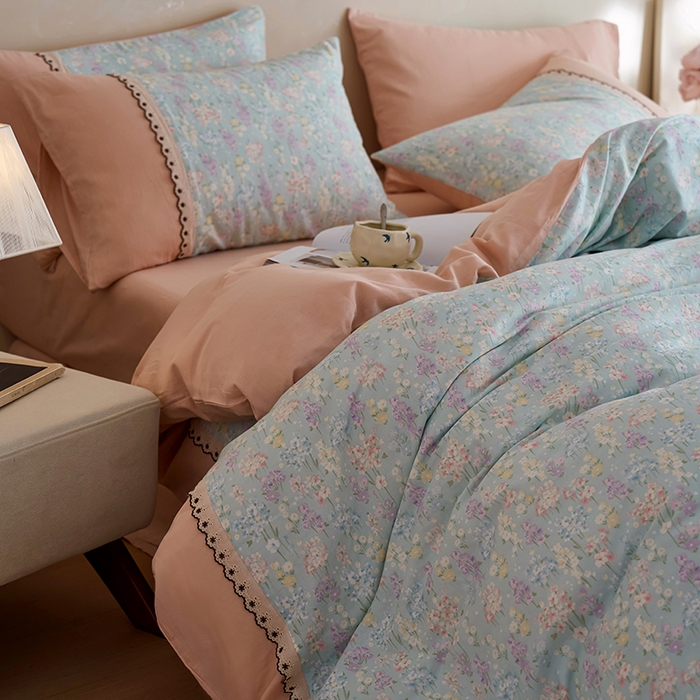 91家纺网 家纺一手货源 找家纺 安莱生活 2025新款全棉纯棉双层纱复古花边款四件套 落葵