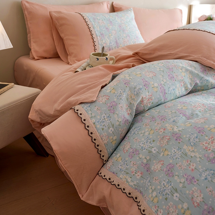 91家纺网 家纺一手货源 找家纺 安莱生活 2025新款全棉纯棉双层纱复古花边款四件套 落葵