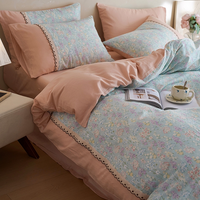 91家纺网 家纺一手货源 找家纺 安莱生活 2025新款全棉纯棉双层纱复古花边款四件套 落葵