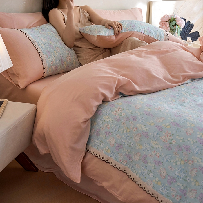 91家纺网 家纺一手货源 找家纺 安莱生活 2025新款全棉纯棉双层纱复古花边款四件套 落葵