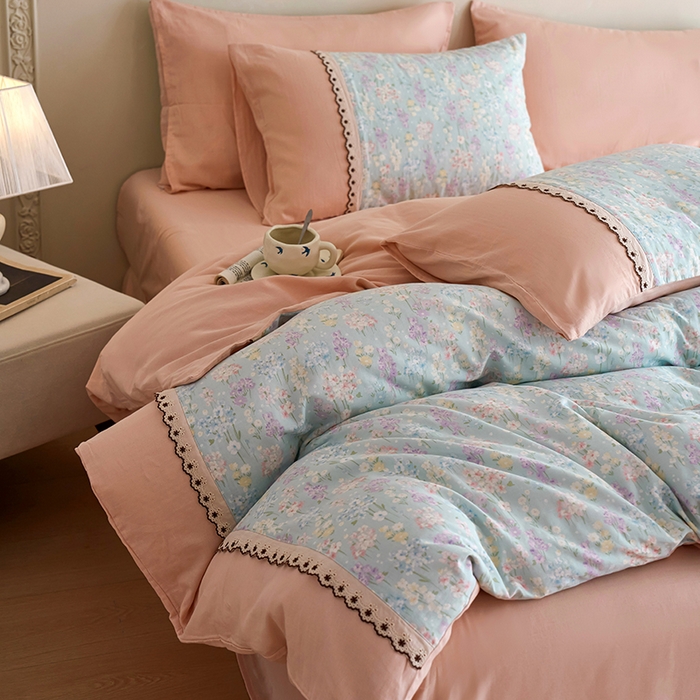 91家纺网 家纺一手货源 找家纺 安莱生活 2025新款全棉纯棉双层纱复古花边款四件套 落葵