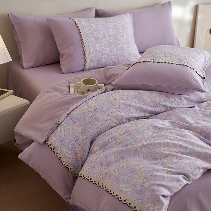 91家纺网 家纺一手货源 找家纺 安莱生活 2025新款全棉纯棉双层纱复古花边款四件套 落葵