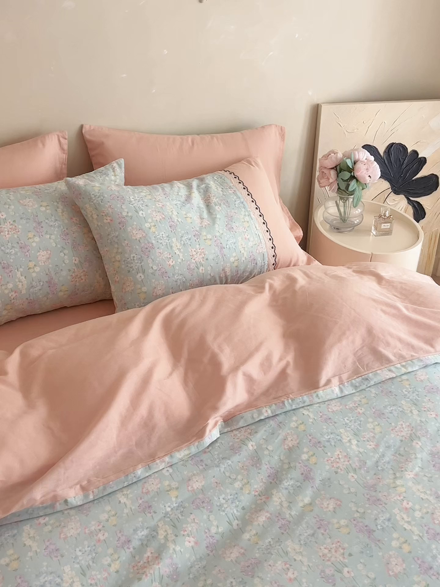 91家纺网 家纺一手货源 找家纺 安莱生活 2025新款全棉纯棉双层纱复古花边款四件套 落葵