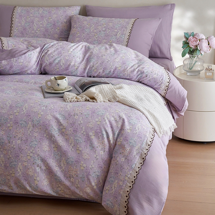 91家纺网 家纺一手货源 找家纺 安莱生活 2025新款全棉纯棉双层纱复古花边款四件套 慕荷